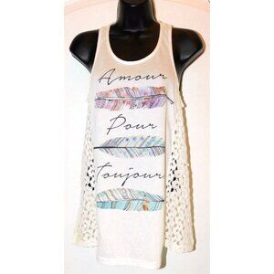 Sleeveless Feather Print Racerback Crochet Trim Knit To By Poolhouse